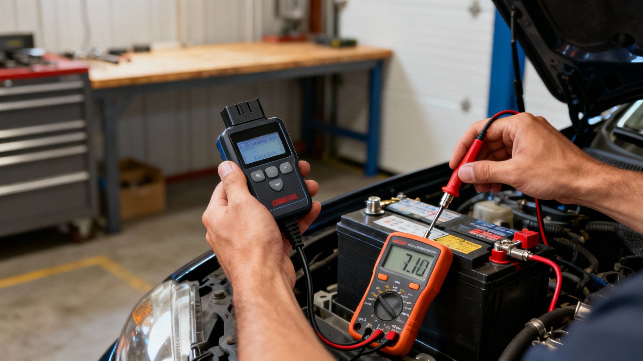 Mechanic uses an OBD scanner and multimeter to test a car battery in a workshop.