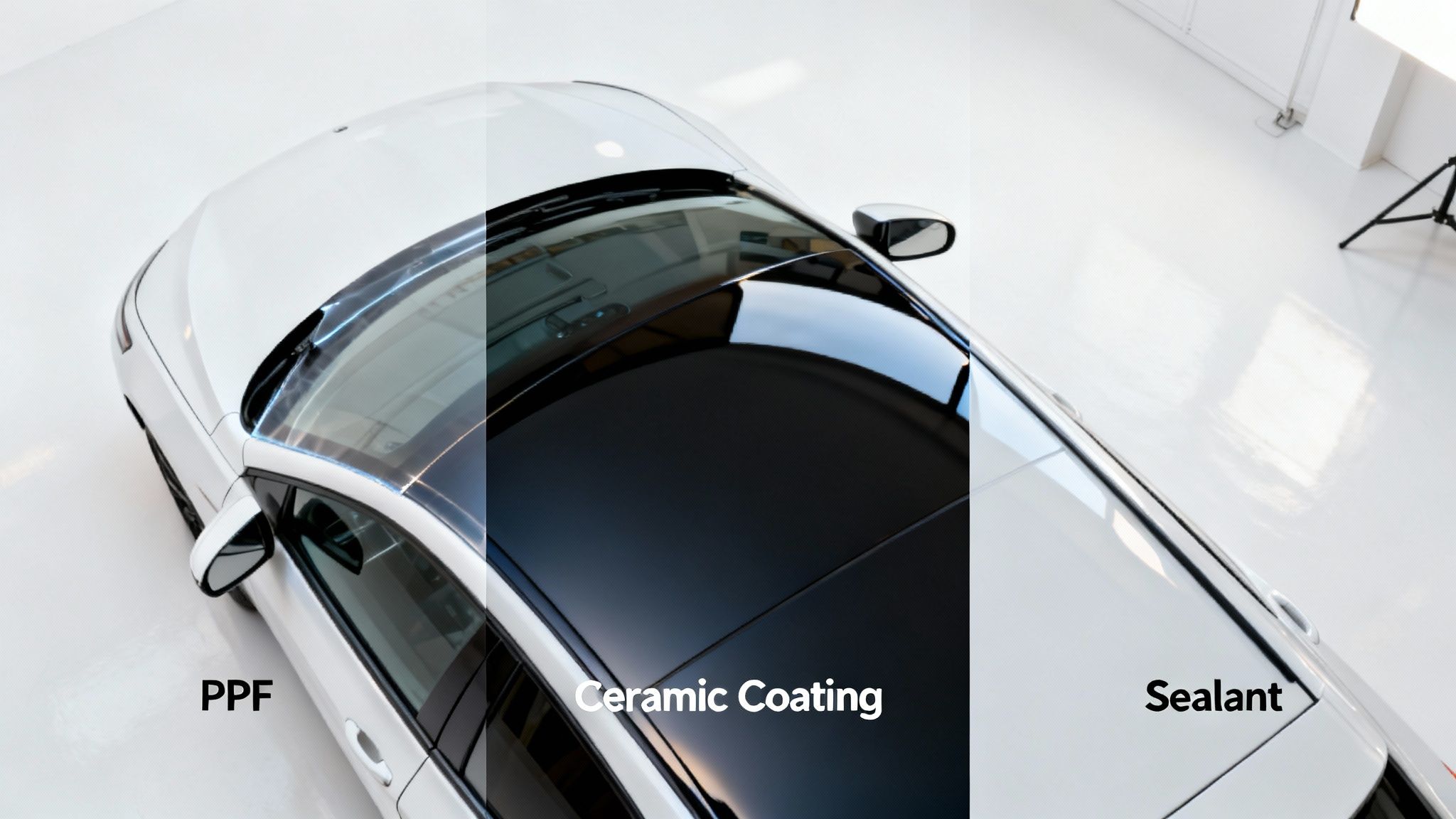 Overhead view of a white car demonstrating three paint protection types: PPF, ceramic coating, and sealant.