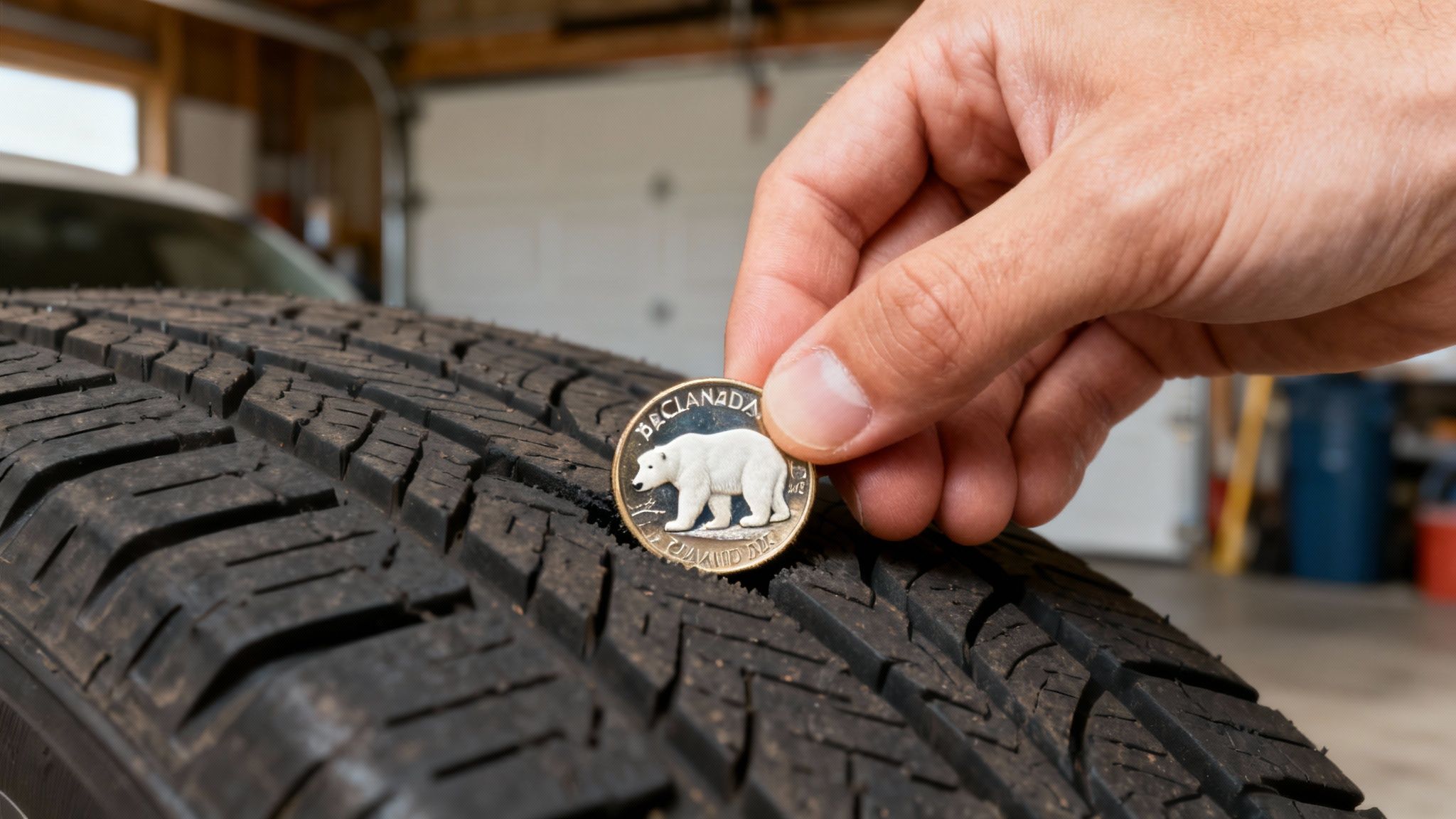 A close-up of a tire's tread pattern showing wear and tear.