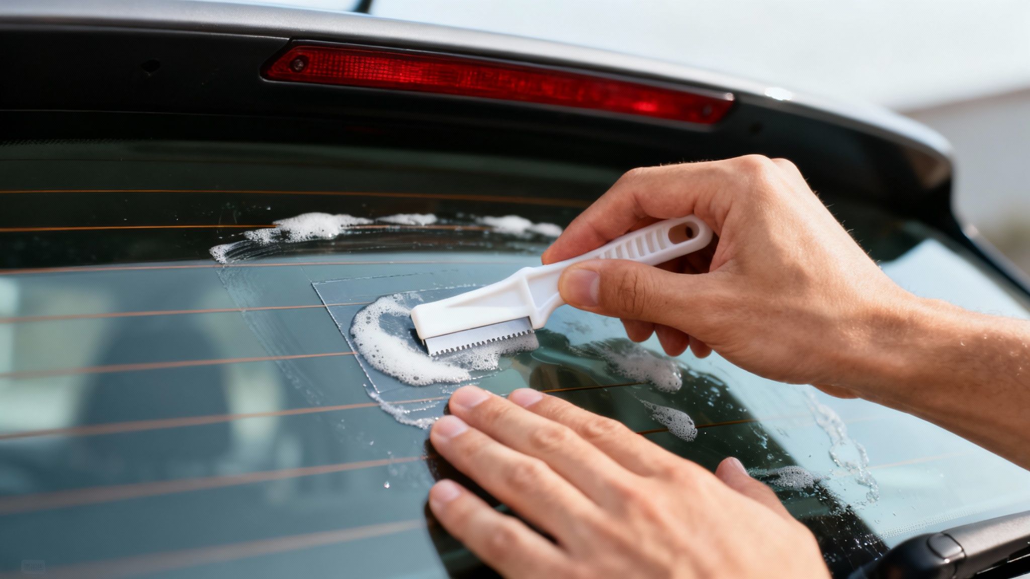 A person scraping stubborn adhesive off a car window with a plastic razor blade.