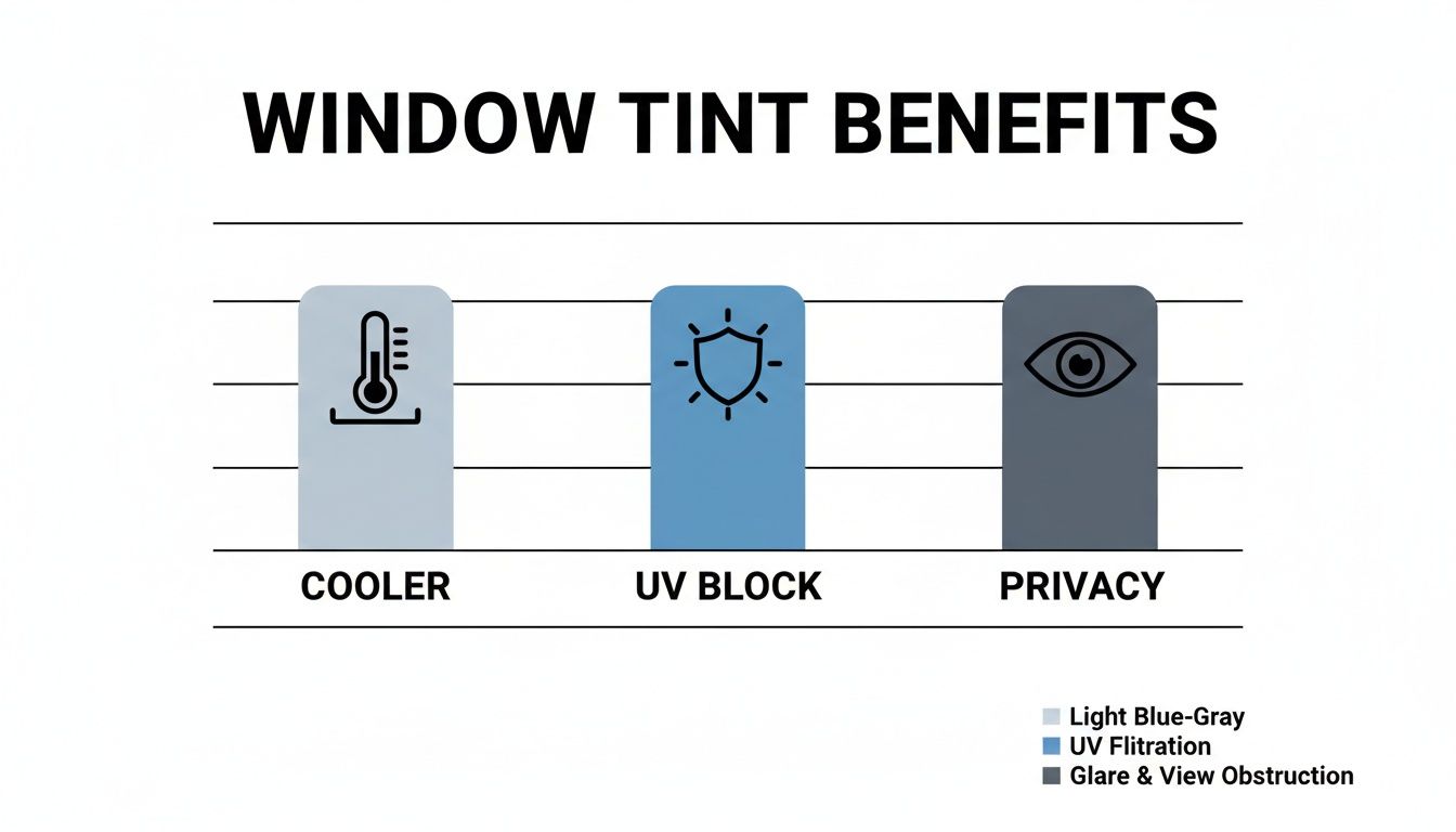 A bar chart illustrating window tint benefits: cooler temperatures, UV block, and enhanced privacy.