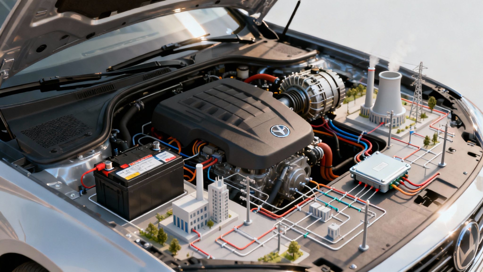 Detailed diorama of an electrical grid and power plants within a car engine bay.