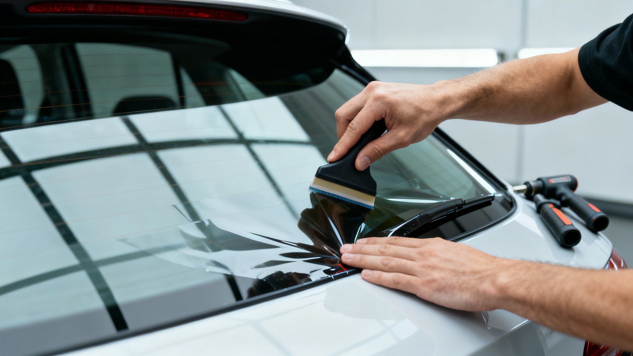 A person's hands apply window tint film to the rear window of a white car using a squeegee.