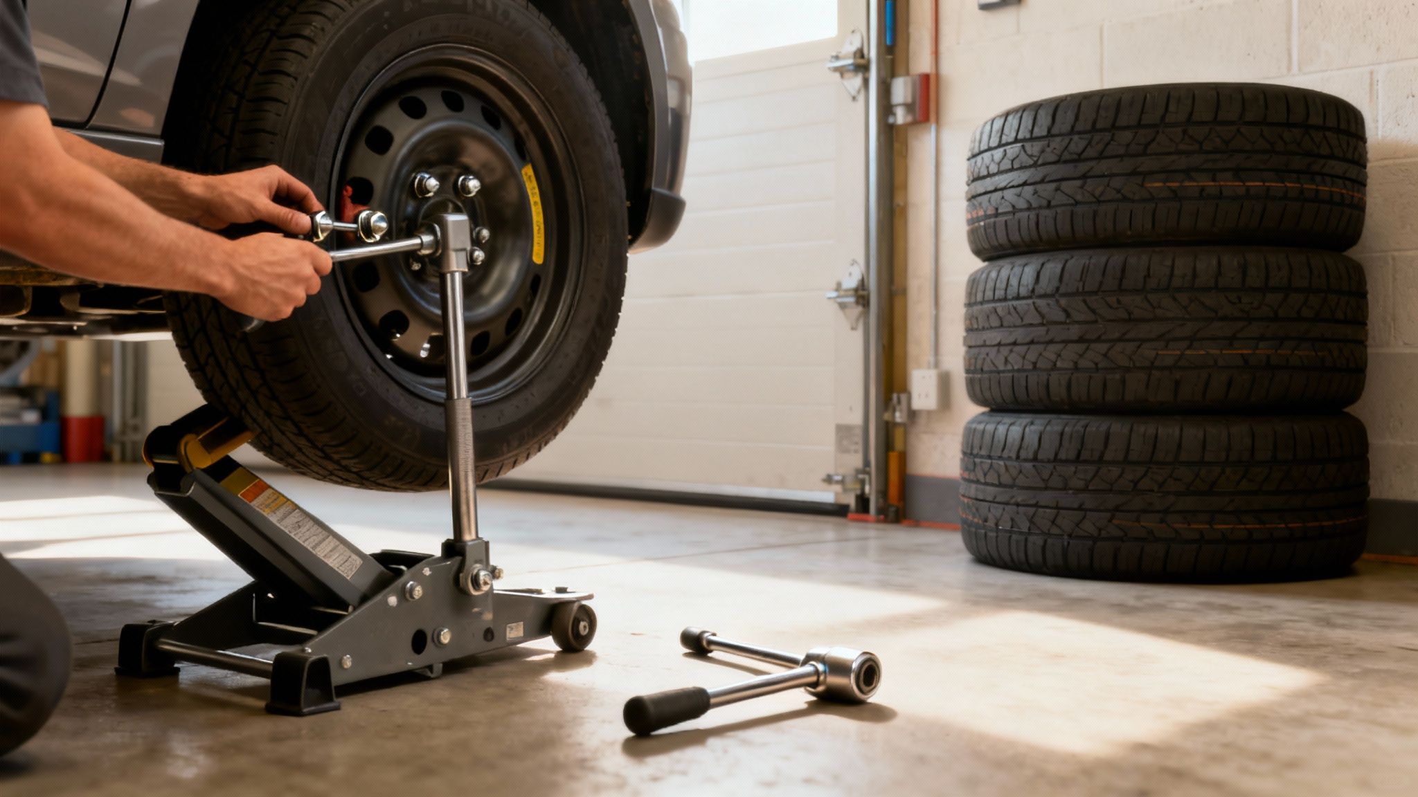 A technician in a clean workshop carefully torquing the lug nuts on a wheel during a tire swap.