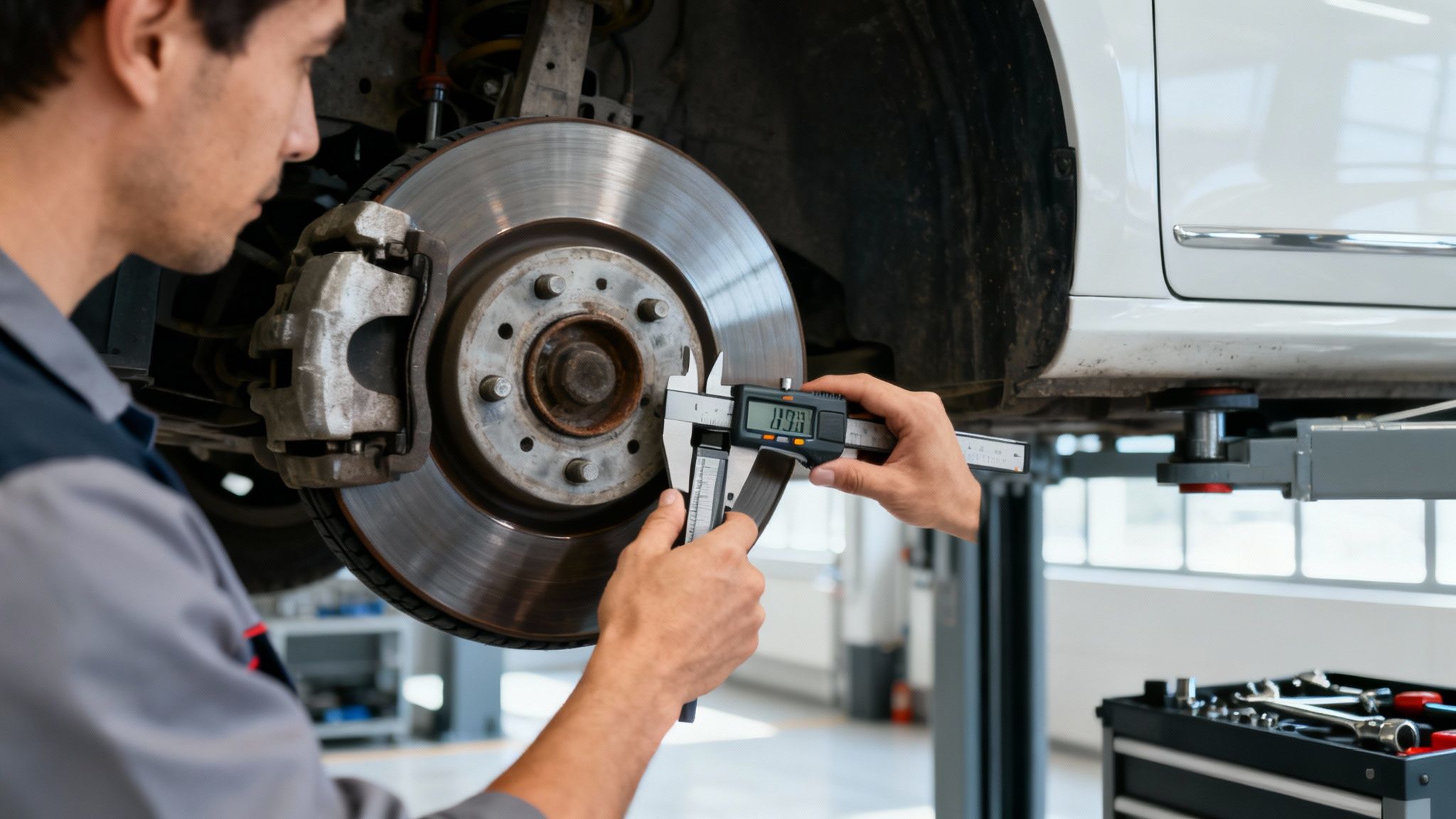 A mechanic measures a car's brake disc with a digital caliper in an auto repair shop.