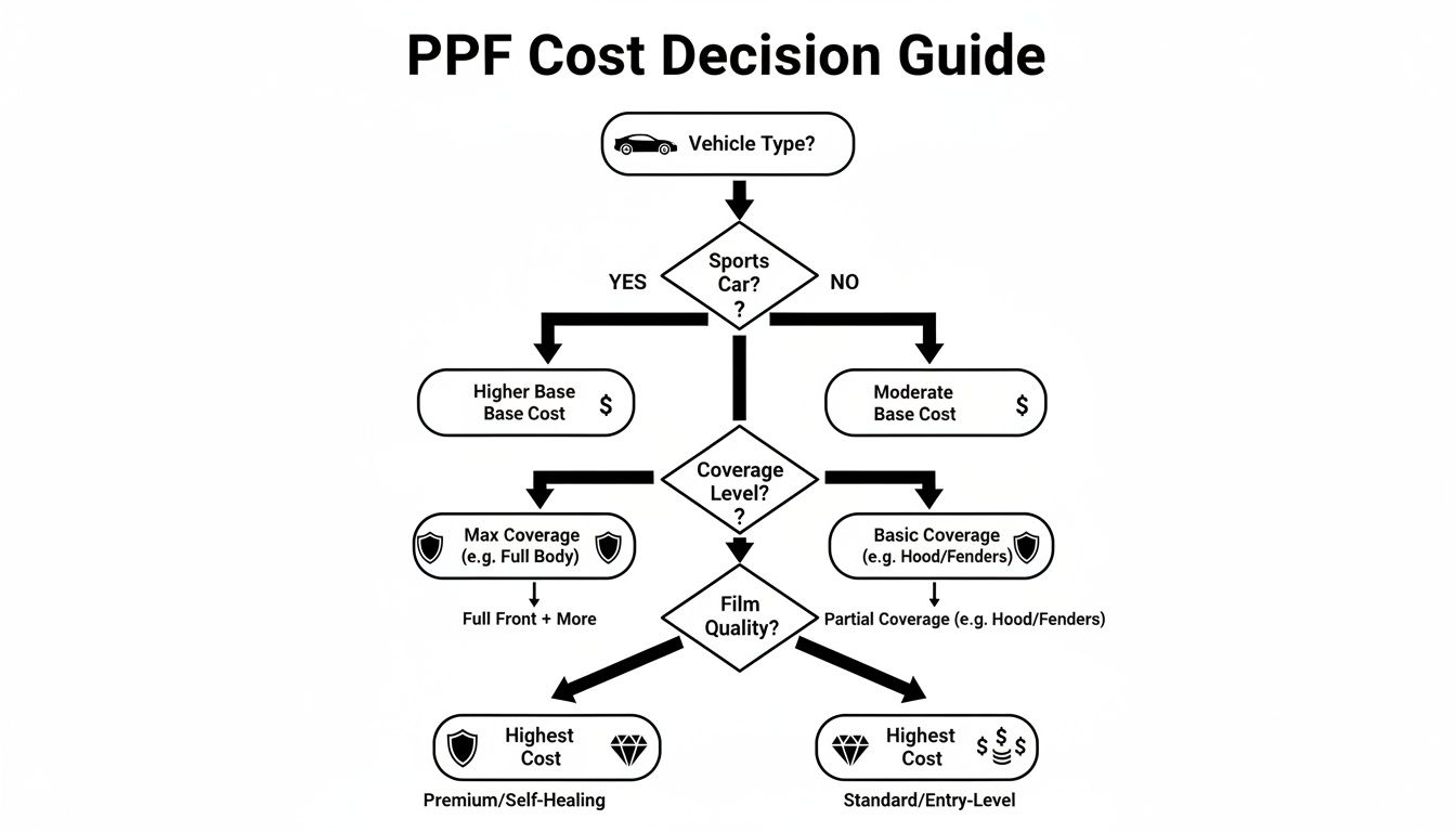 Flowchart illustrating factors influencing Paint Protection Film (PPF) cost based on vehicle type, coverage, and film quality.