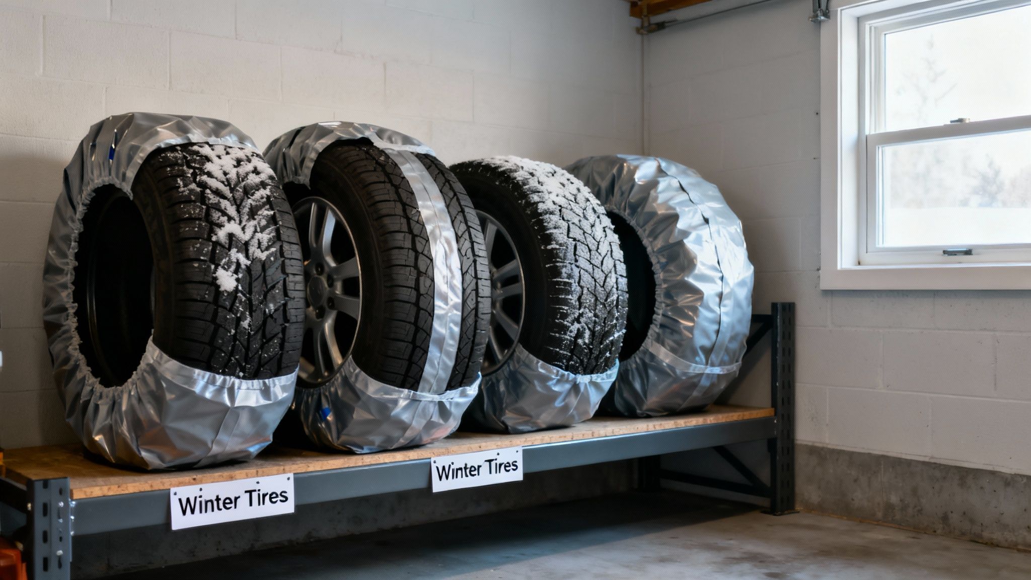 A mechanic inspecting a tire closely in a well-lit auto shop.
