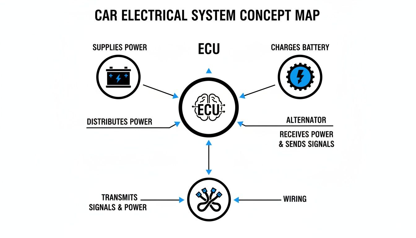 A concept map illustrating the car electrical system, showing ECU, battery, alternator, and wiring connections.