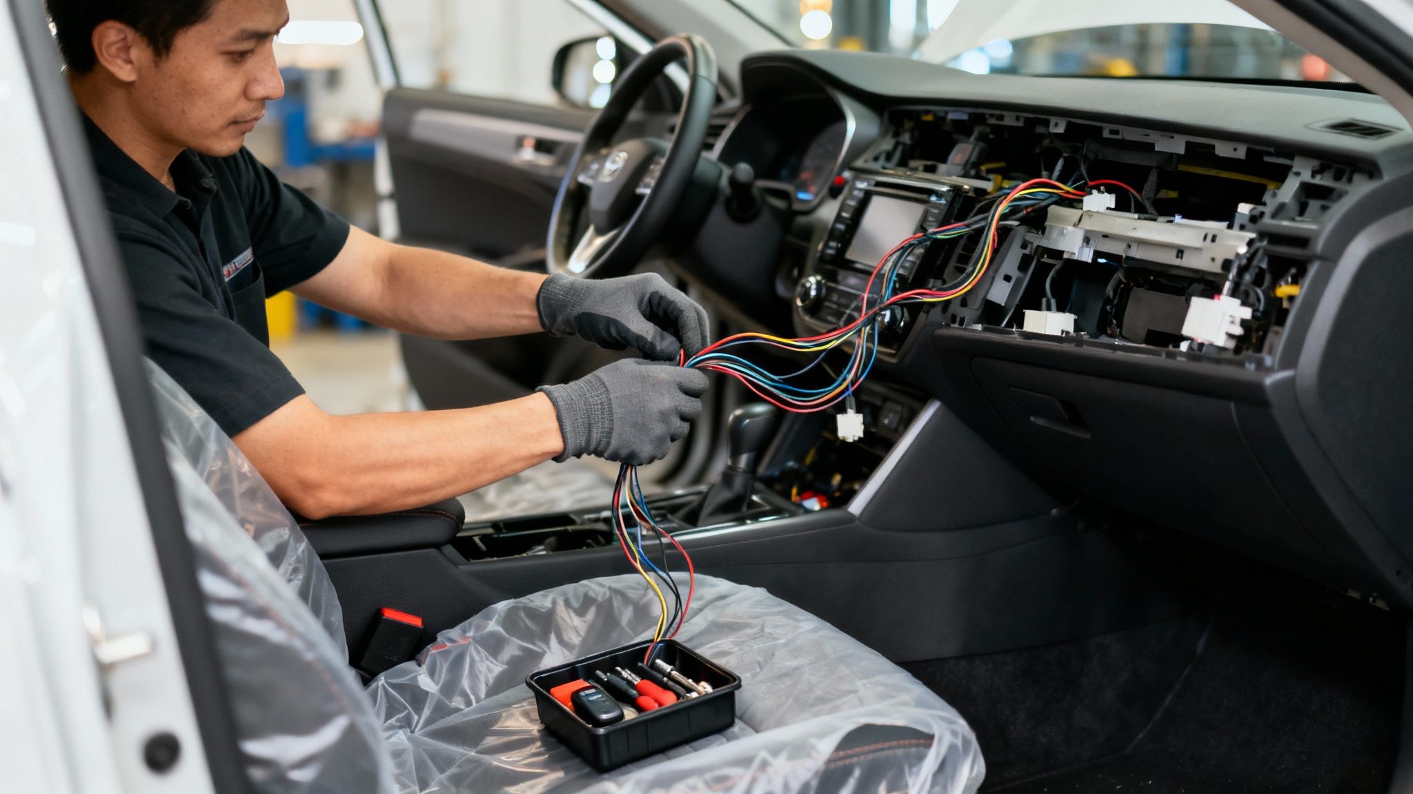 Technician working on the wiring of a car dashboard for a remote starter installation