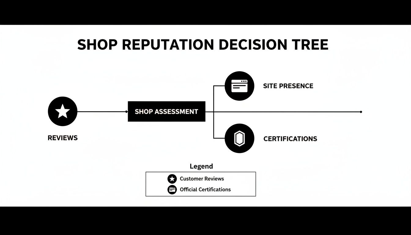 How to Find the Best Car Repair Shop Near Me 6 A shop reputation decision tree illustrating factors like reviews, site presence, and certifications.