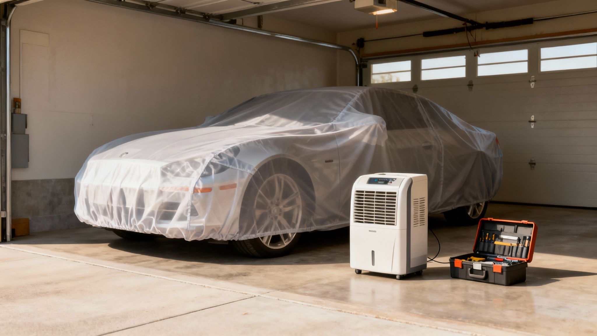 A car covered for long-term storage in a clean garage, emphasizing protection.