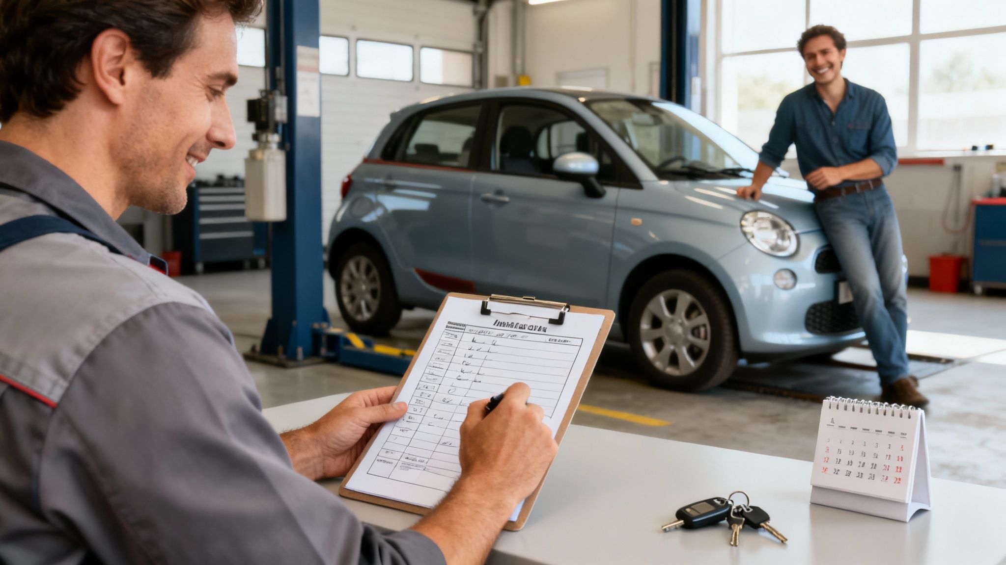 A smiling mechanic reviews a checklist while a happy customer leans on a light blue car in a garage.