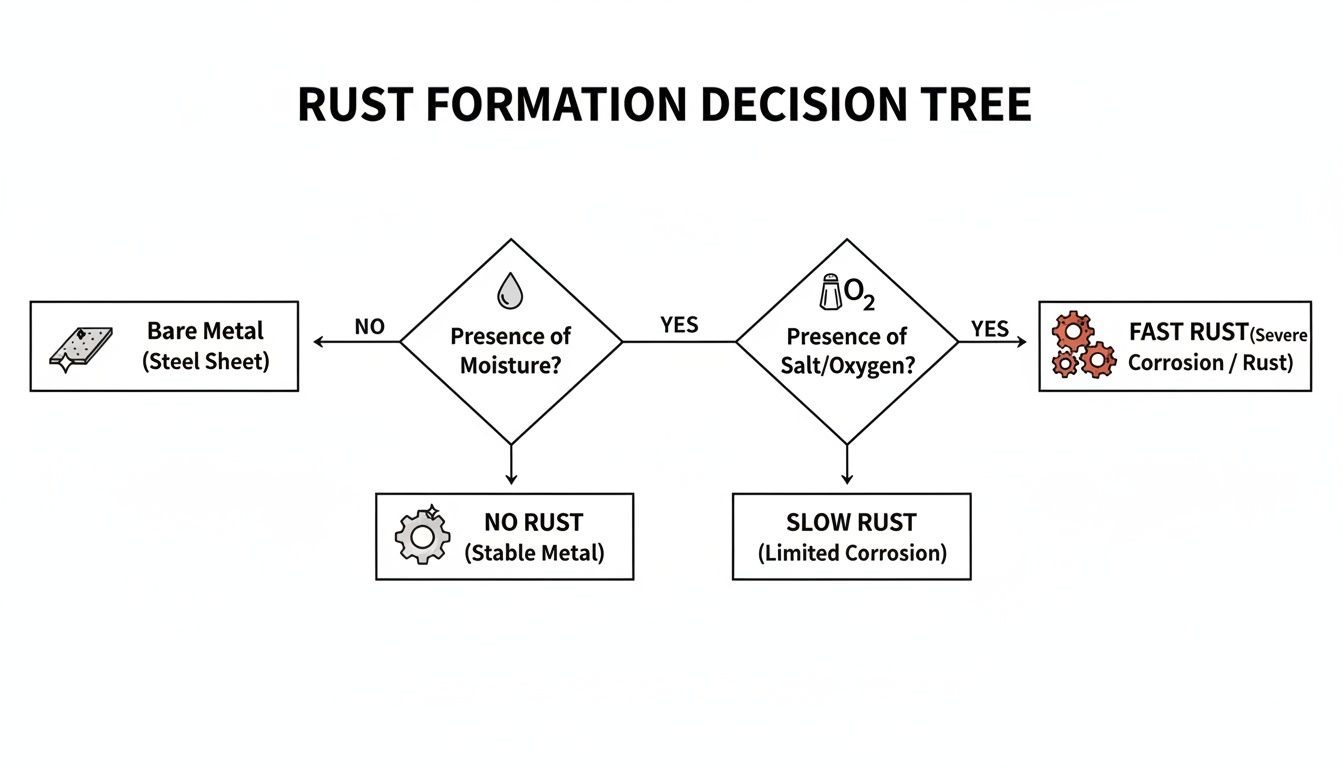 A flowchart illustrating the decision process for rust formation on bare metal based on moisture, salt, and oxygen.