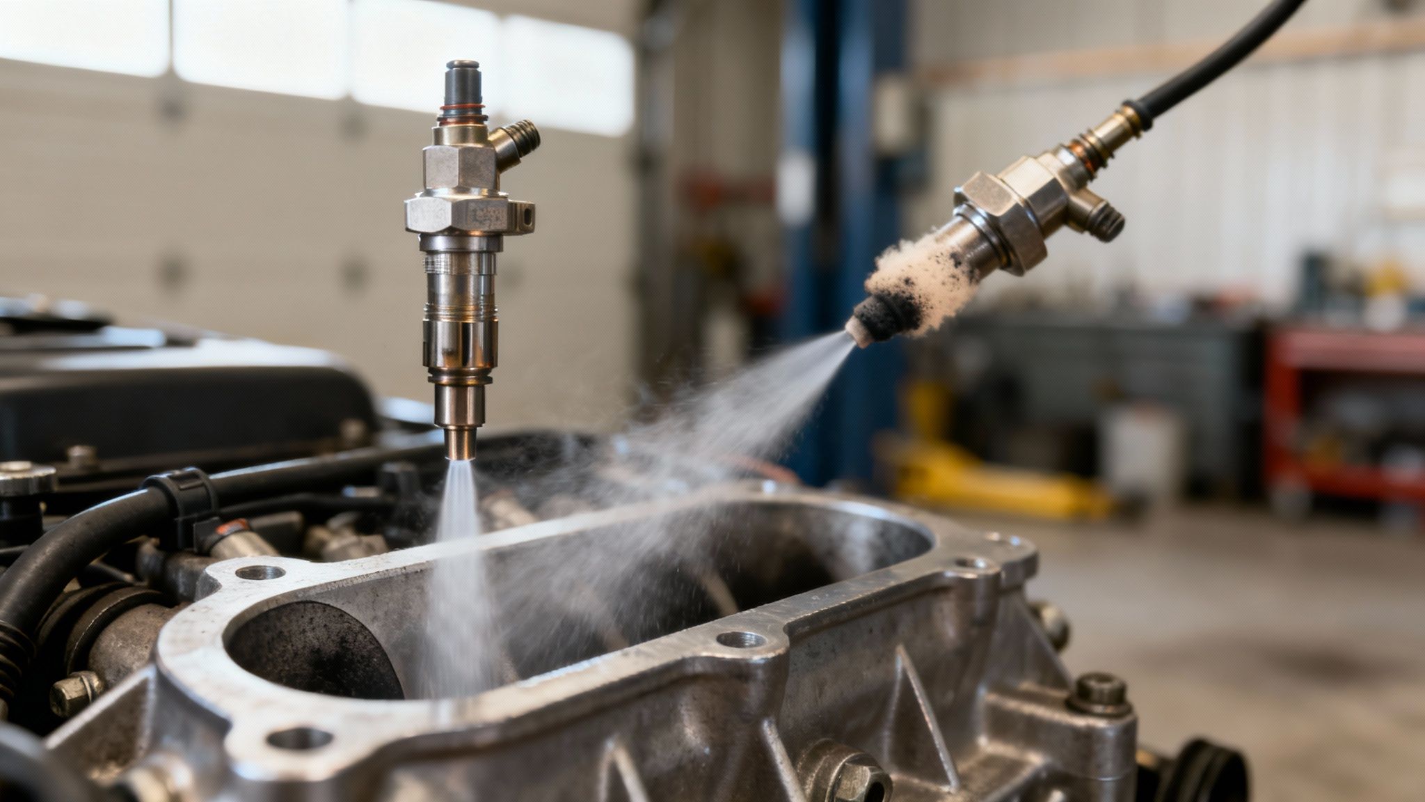 Close-up of two fuel injectors spraying cleaning mist into an engine intake manifold in a workshop.