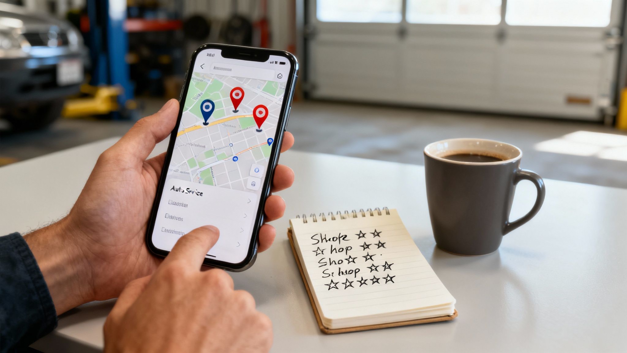 A mechanic working under the hood of a car in a clean, professional auto shop.