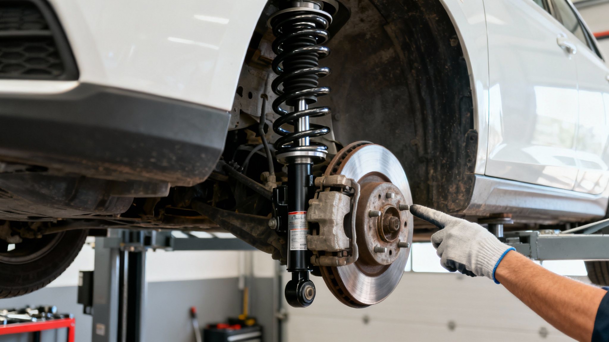 Mechanic's gloved hand points to a car's exposed brake rotor and suspension system on a lift.