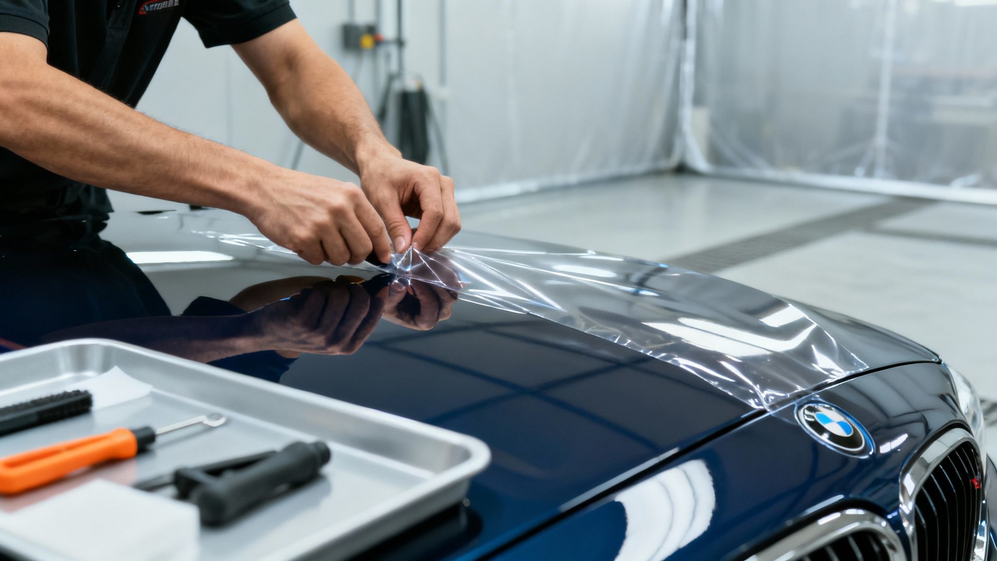 Hands applying transparent paint protection film on a dark blue BMW car hood in a detailing studio.