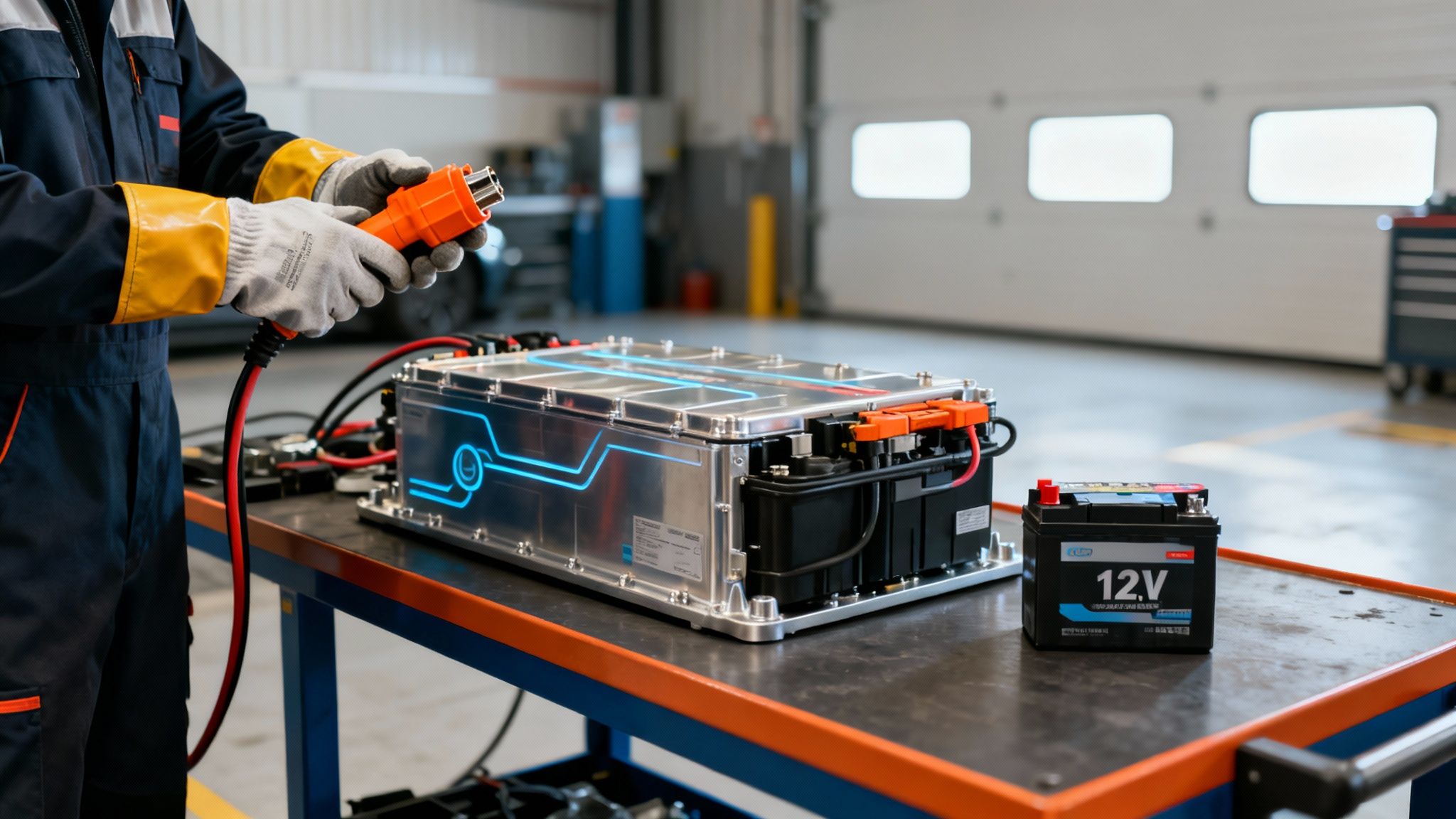 Technician in gloves connecting cables to a large electric vehicle battery next to a 12V car battery in a workshop.