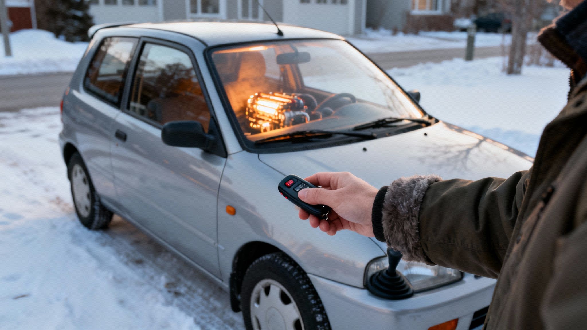 A hand uses a car remote key fob to start a silver vehicle with a glowing interior heater in winter.
