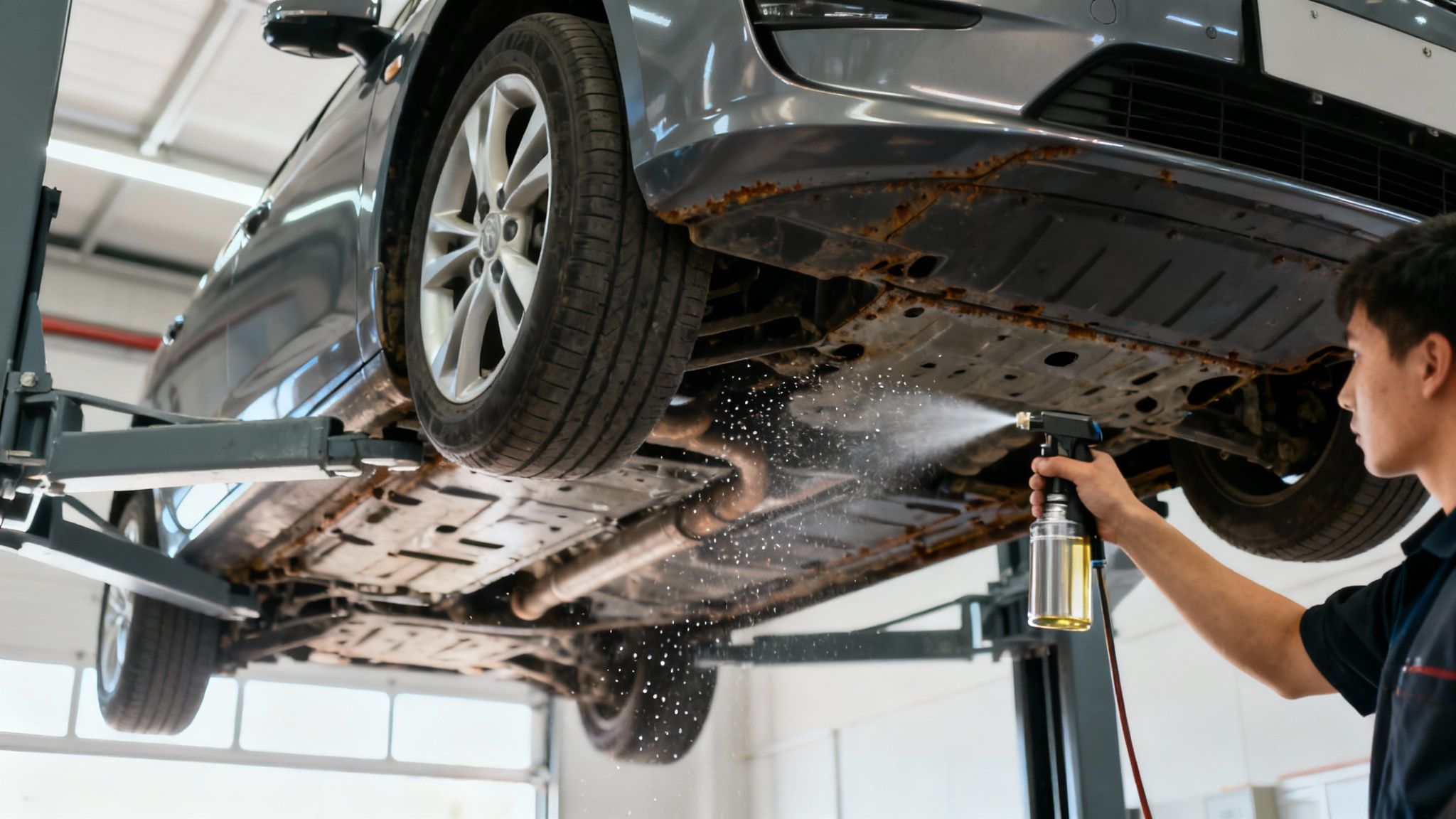 A mechanic sprays rust prevention solution on the rusty undercarriage of a car in a repair shop.