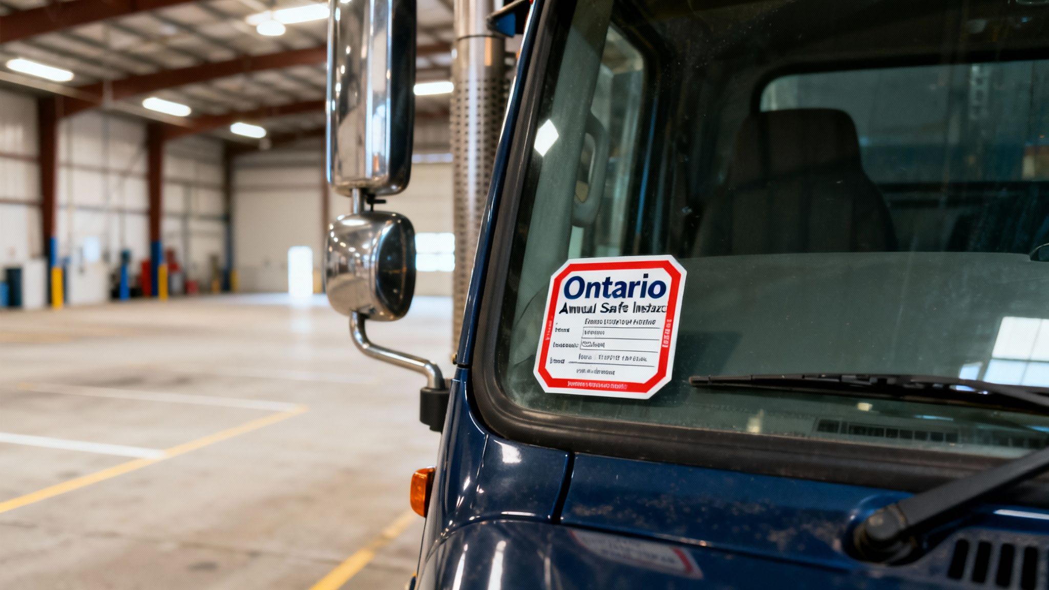 Your Guide to the Annual Safety Inspection Sticker Ontario 1 A close-up of a blue truck's windshield featuring an Ontario Annual Safe Inspection sticker.