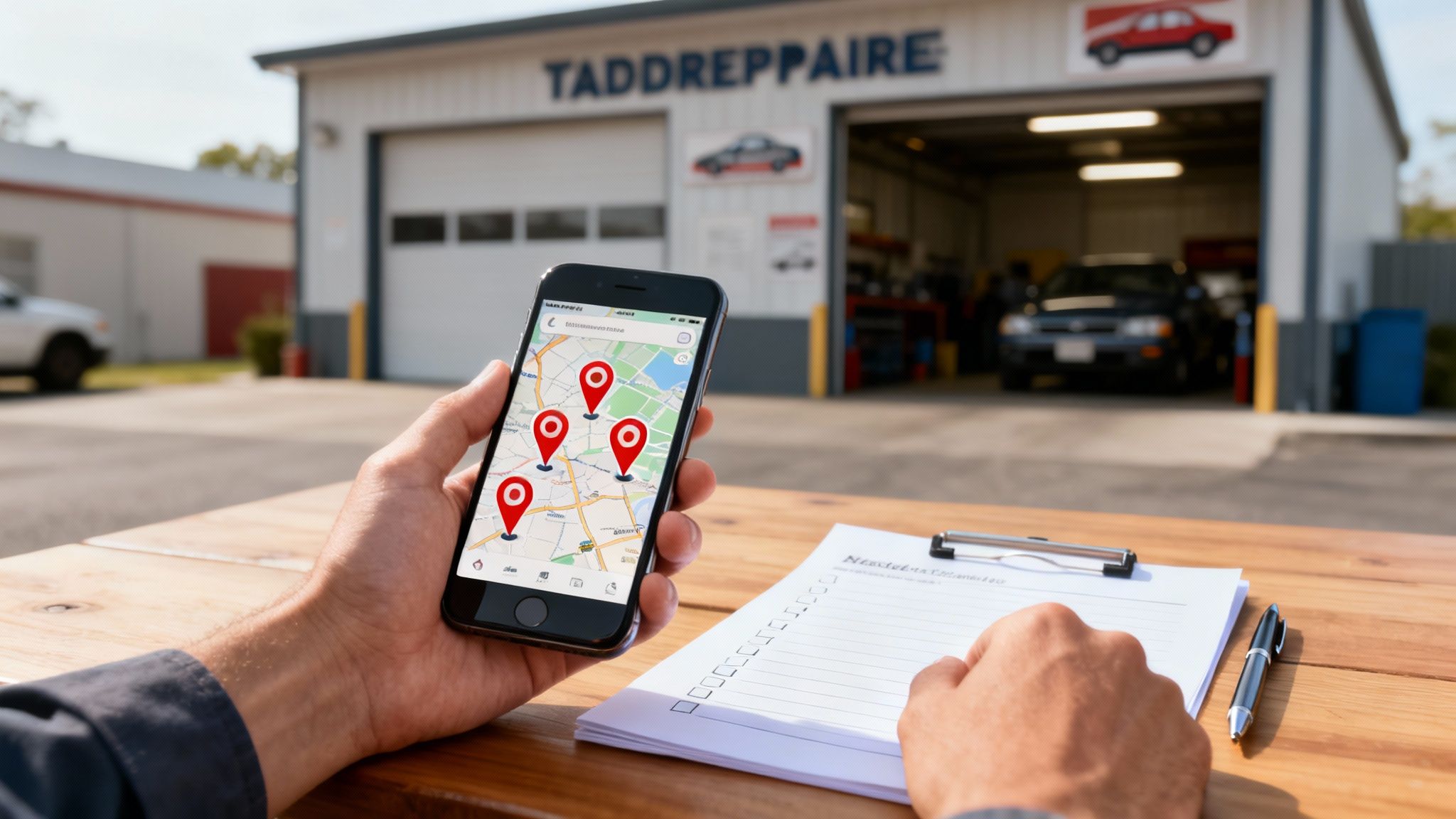 A person holds a phone showing a map with repair shop locations, next to a checklist on a wooden table.