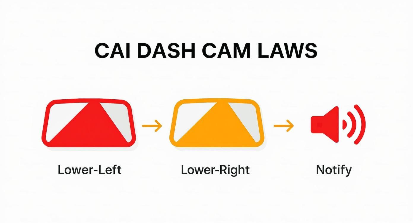 Infographic detailing the three key steps of California dash cam laws placement and audio notification.