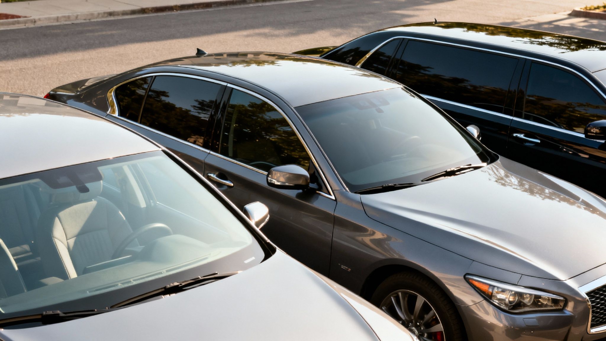 Your Guide to Understanding Window Tint Percentage 2 An aerial view of three cars parked closely together, all with darkly tinted windows.