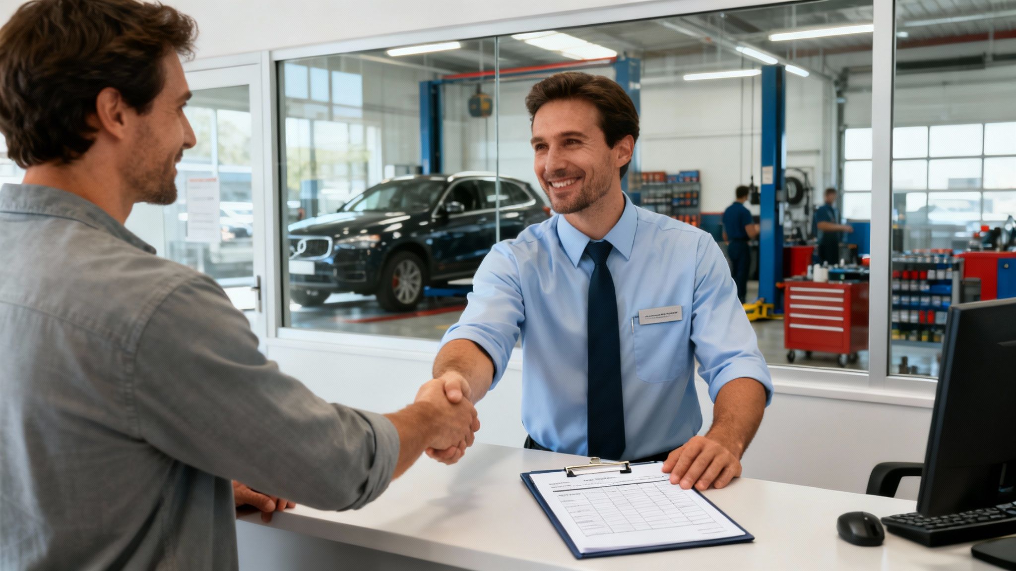 How to Find the Best Car Repair Shop Near Me 7 A smiling car service advisor shaking hands with a happy customer at a reception desk.
