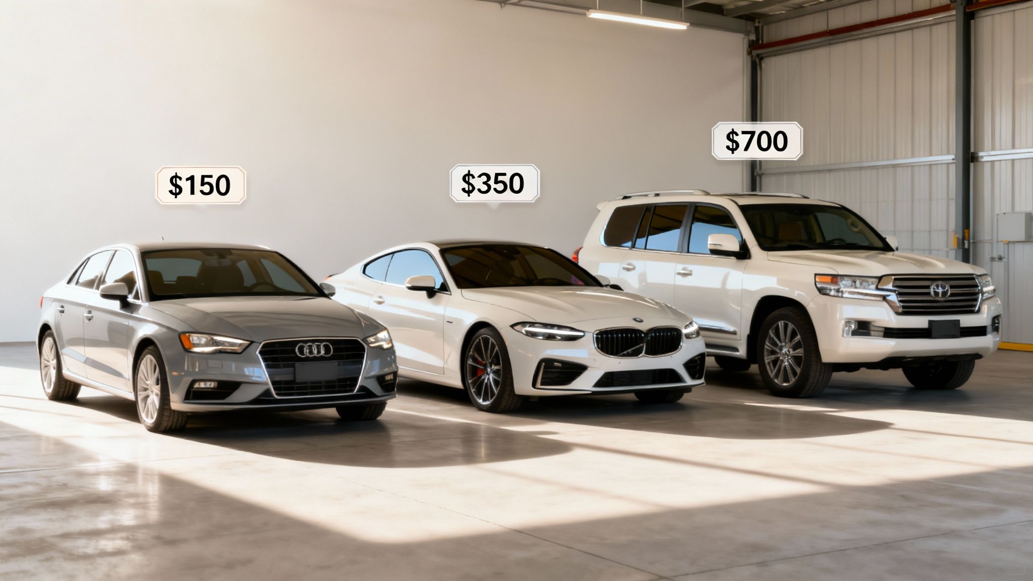 Three cars, a gray sedan, a white coupe, and a white SUV, with prices displayed above them.