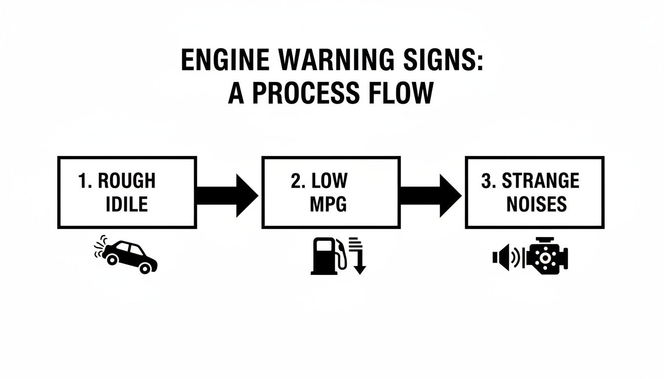 A process flow diagram illustrating three common engine warning signs: rough idle, low MPG, and strange noises.