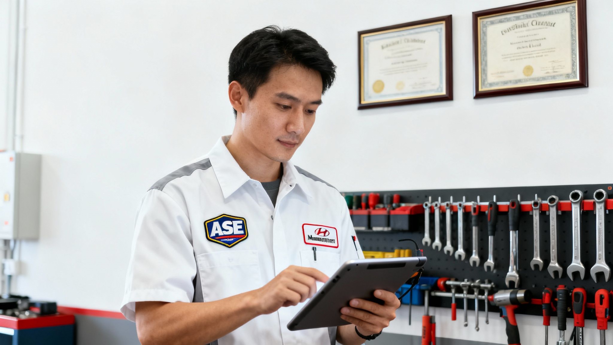 An Asian auto mechanic in uniform uses a tablet in a repair shop with tools and certificates.