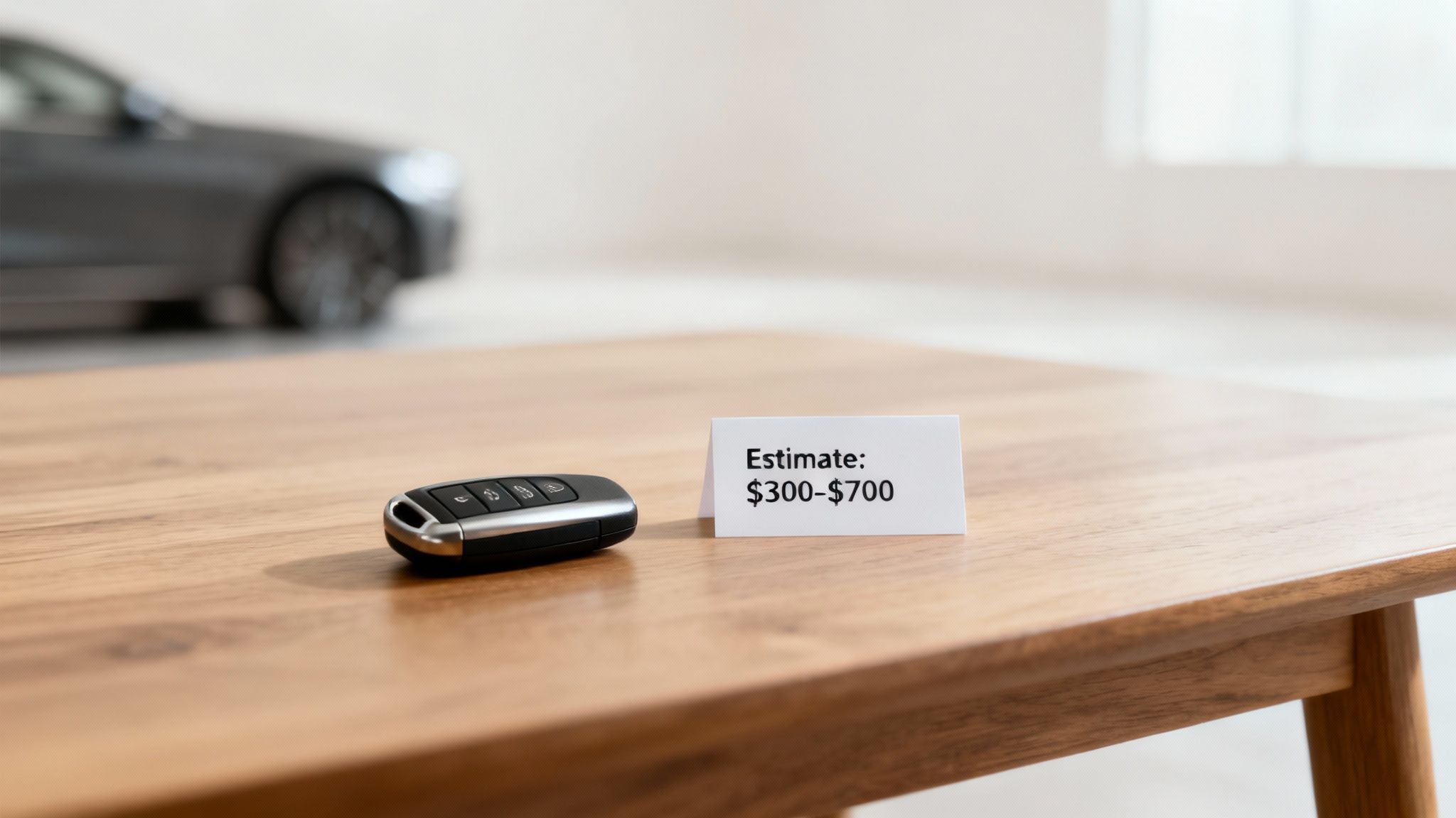 Car key with an estimate sign on a wooden table, with a blurred car in the background.