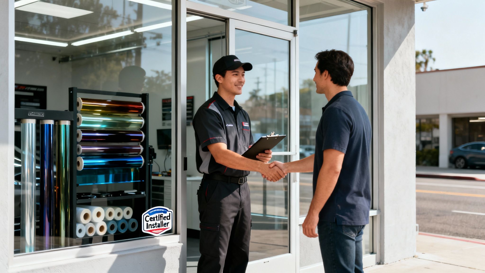 Two men shake hands outside a shop displaying various rolls of car window tint film.