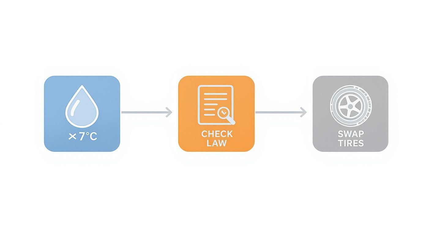 A flowchart outlining the process for seasonal tire changes, involving temperature checks, legal review, and tire swapping.