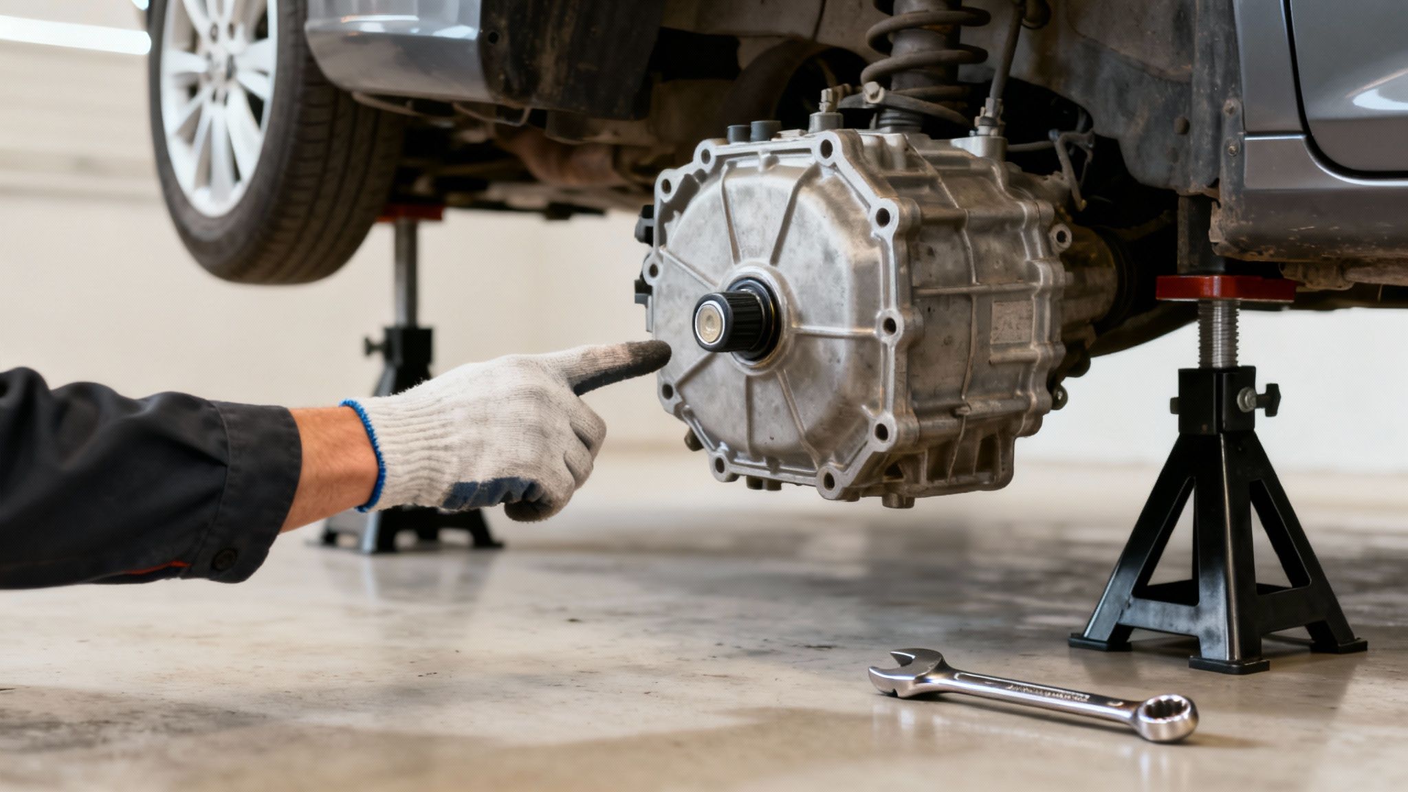 A mechanic working under a car on a hydraulic lift in a clean auto shop.
