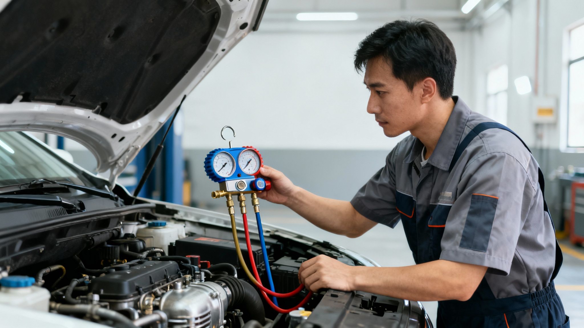 Asian mechanic checking a car's air conditioning system with a gauge set in an auto repair shop.