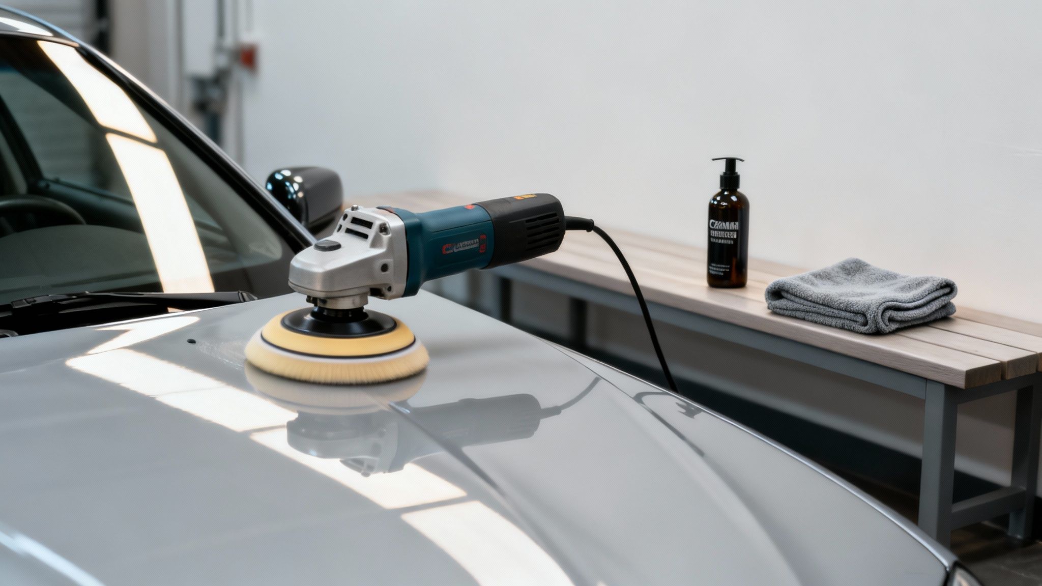 A gray car hood is polished with an orbital machine, car detailing products on a bench.