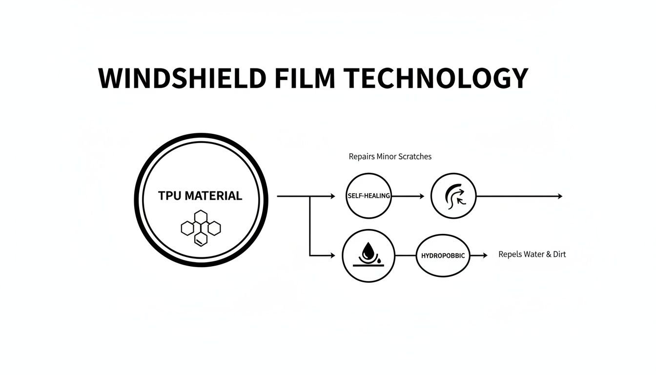 Flowchart detailing windshield film technology, highlighting TPU material's self-healing and hydrophobic properties for protection.