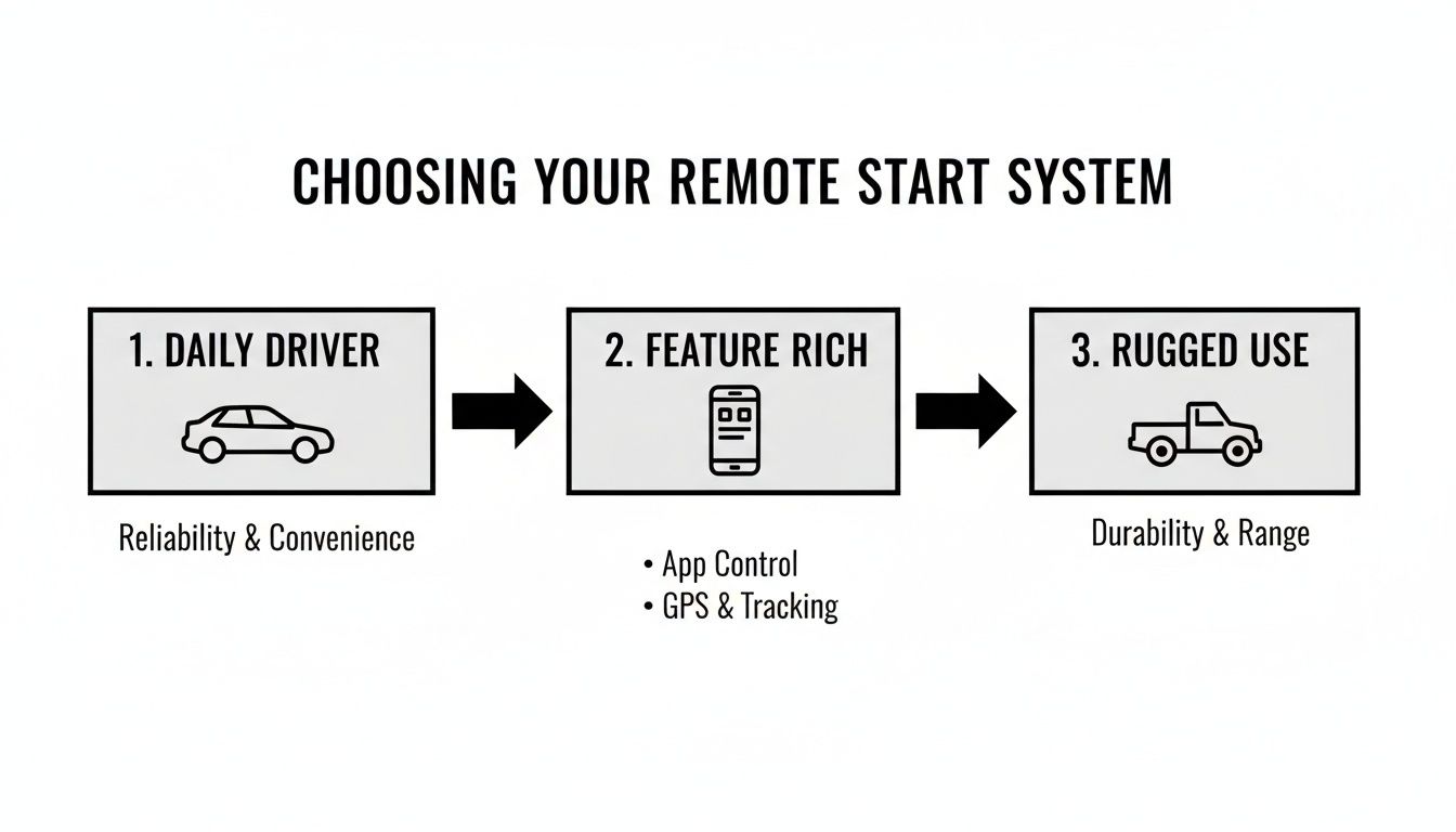 Flowchart showing three categories for choosing a remote start system: Daily Driver, Feature Rich, and Rugged Use.