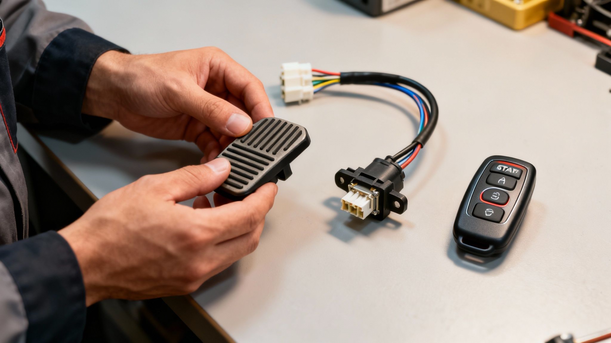 A person's hands examine black car remote start components, including a key fob and wiring harness on a light table.
