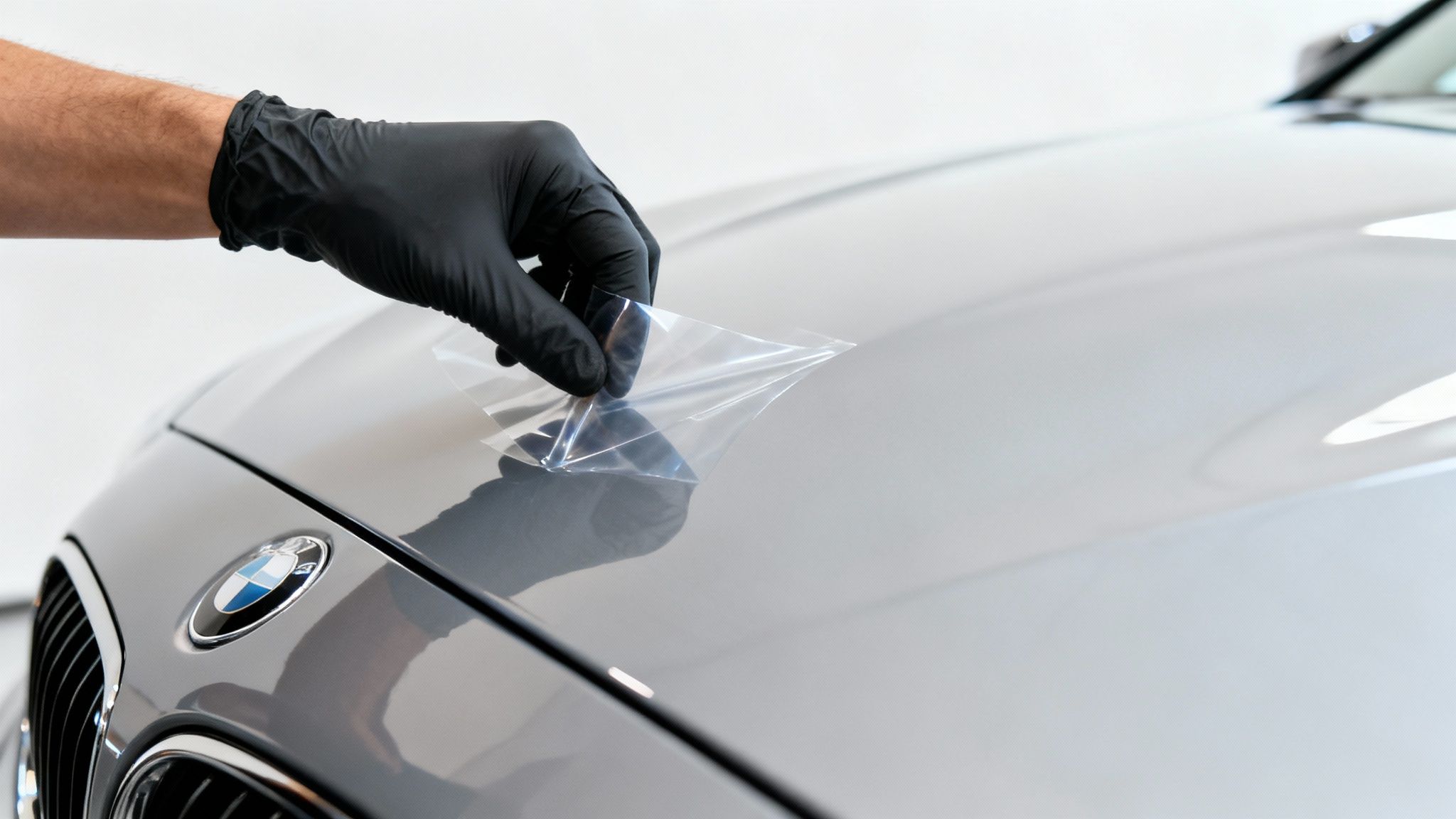 A gloved hand carefully applies transparent paint protection film to the sleek grey hood of a BMW car.