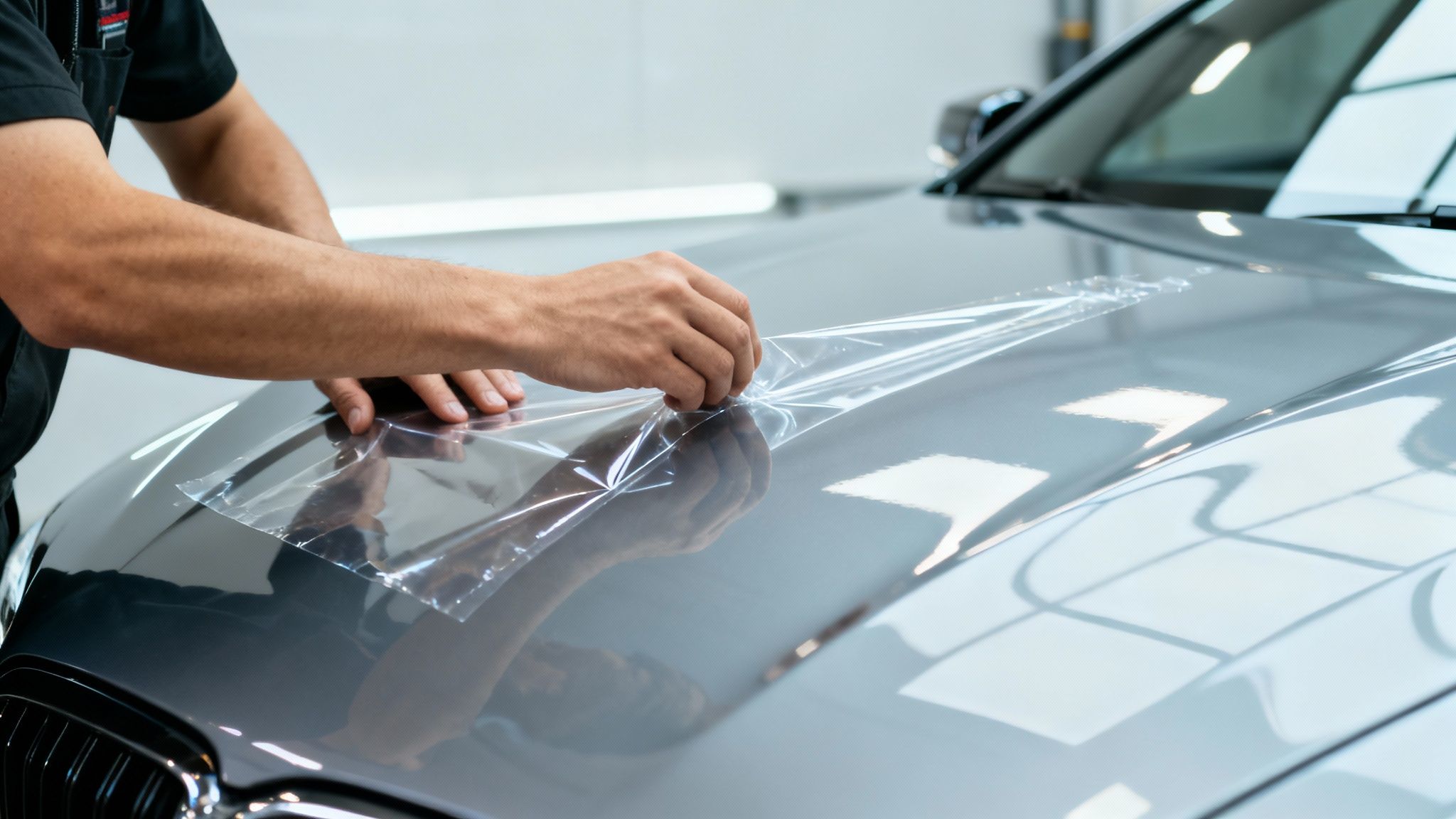 Hands expertly applying a clear paint protection film onto the glossy grey hood of a car.