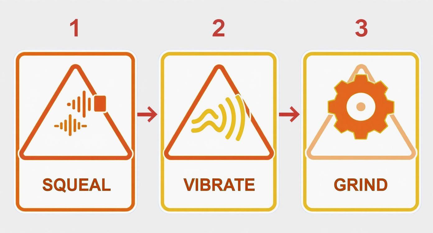 A three-step diagram illustrating the progression of brake issues: squeal, vibrate, and grind.