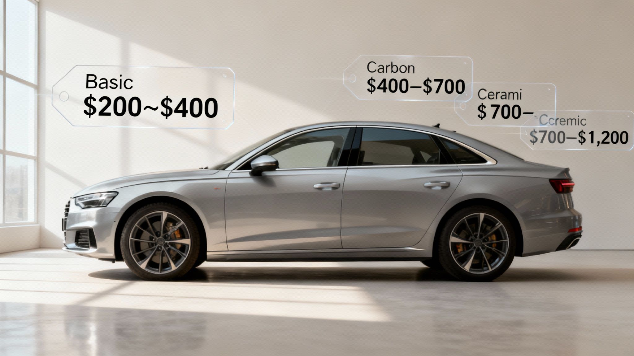 Price tags for window tinting options on a silver car, displaying basic, carbon, and ceramic costs.