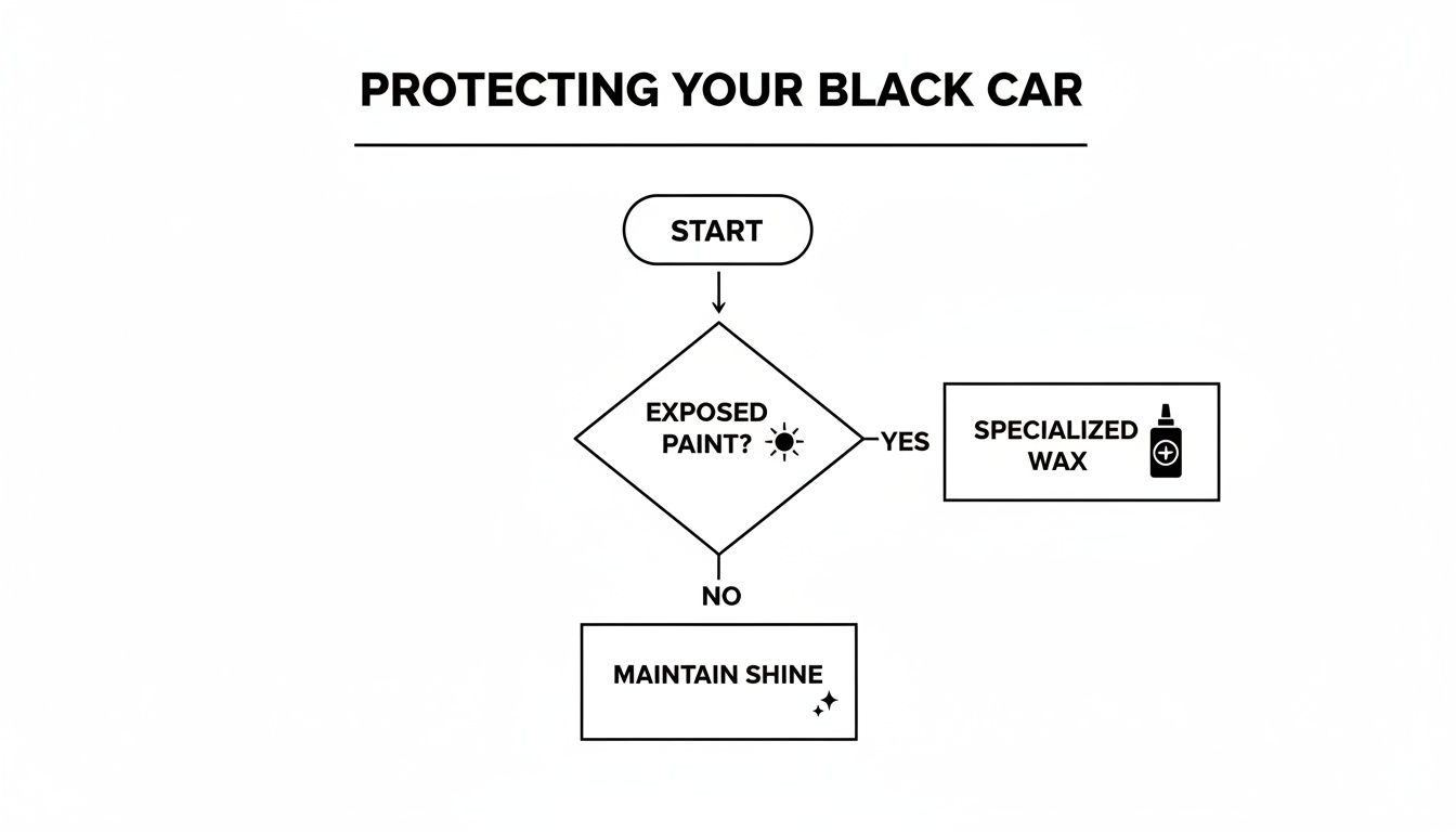 Flowchart outlining steps to protect black cars, including specialized wax for exposed paint or maintaining shine.