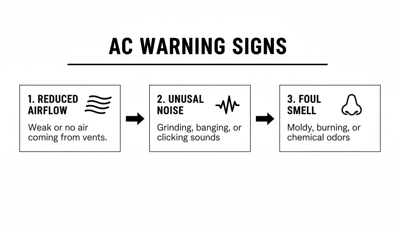 Infographic illustrating three common AC warning signs: reduced airflow, unusual noise, and foul smell.
