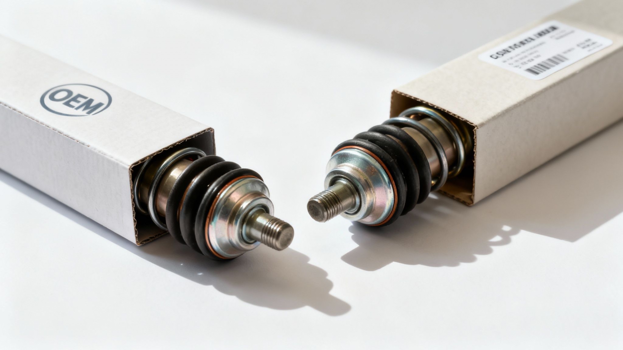 Mechanic holding an OEM part in a clean auto repair shop, comparing it to an aftermarket alternative.