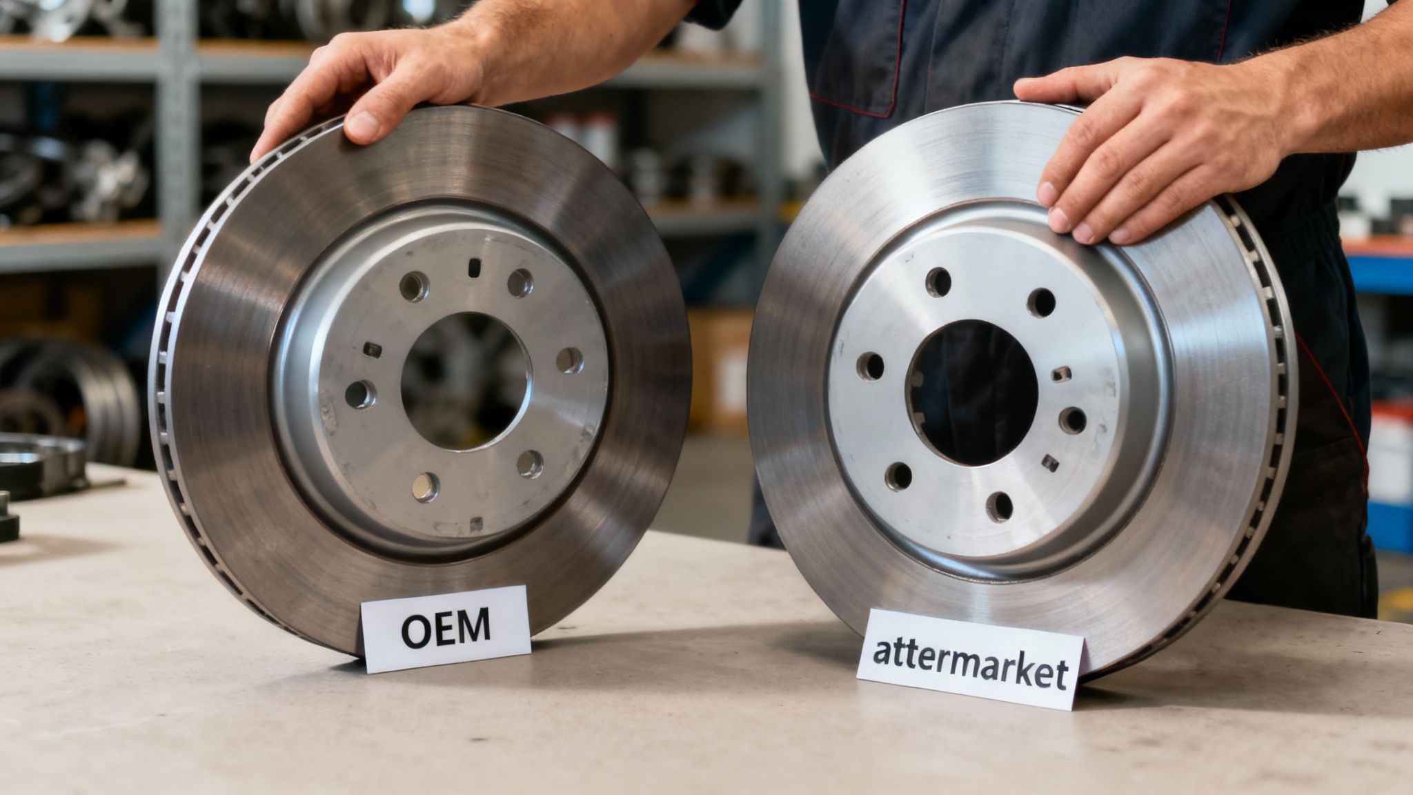Mechanic carefully examining a car part in a well-lit workshop.