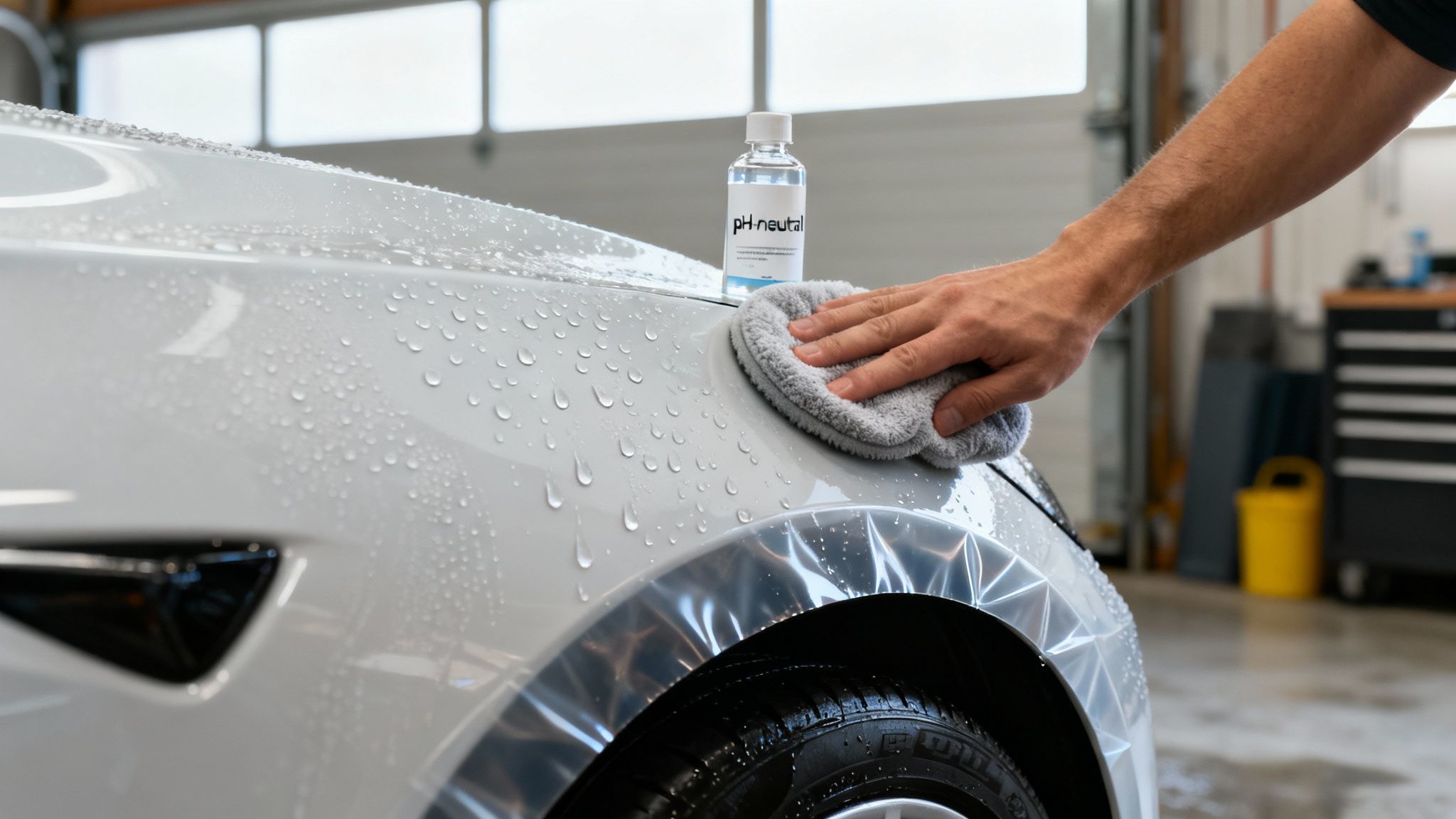 A hand uses a microfiber cloth to wipe water off a white car fender with PPF.